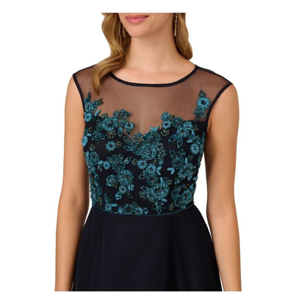 Adrianna Papell Black Tulle Midi Dress with Teal Floral Appliqué - Picture 3 of 4